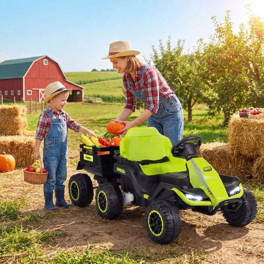 Green Ride On Tractor With Trailer | 24V Kids Electric Vehicle