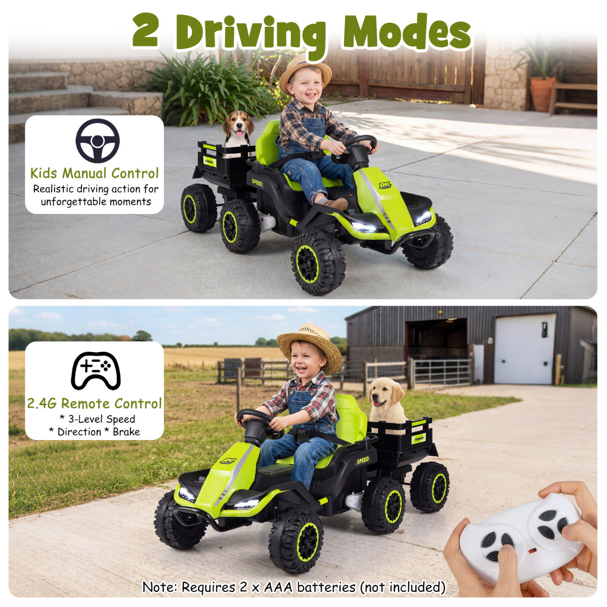 Green Ride On Tractor With Trailer | 24V Kids Electric Vehicle