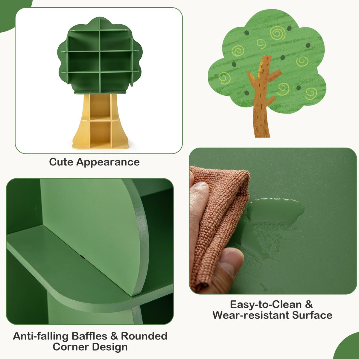 Green Tree Kids Bookshelf | Open Shelves With Anti-Tip Design