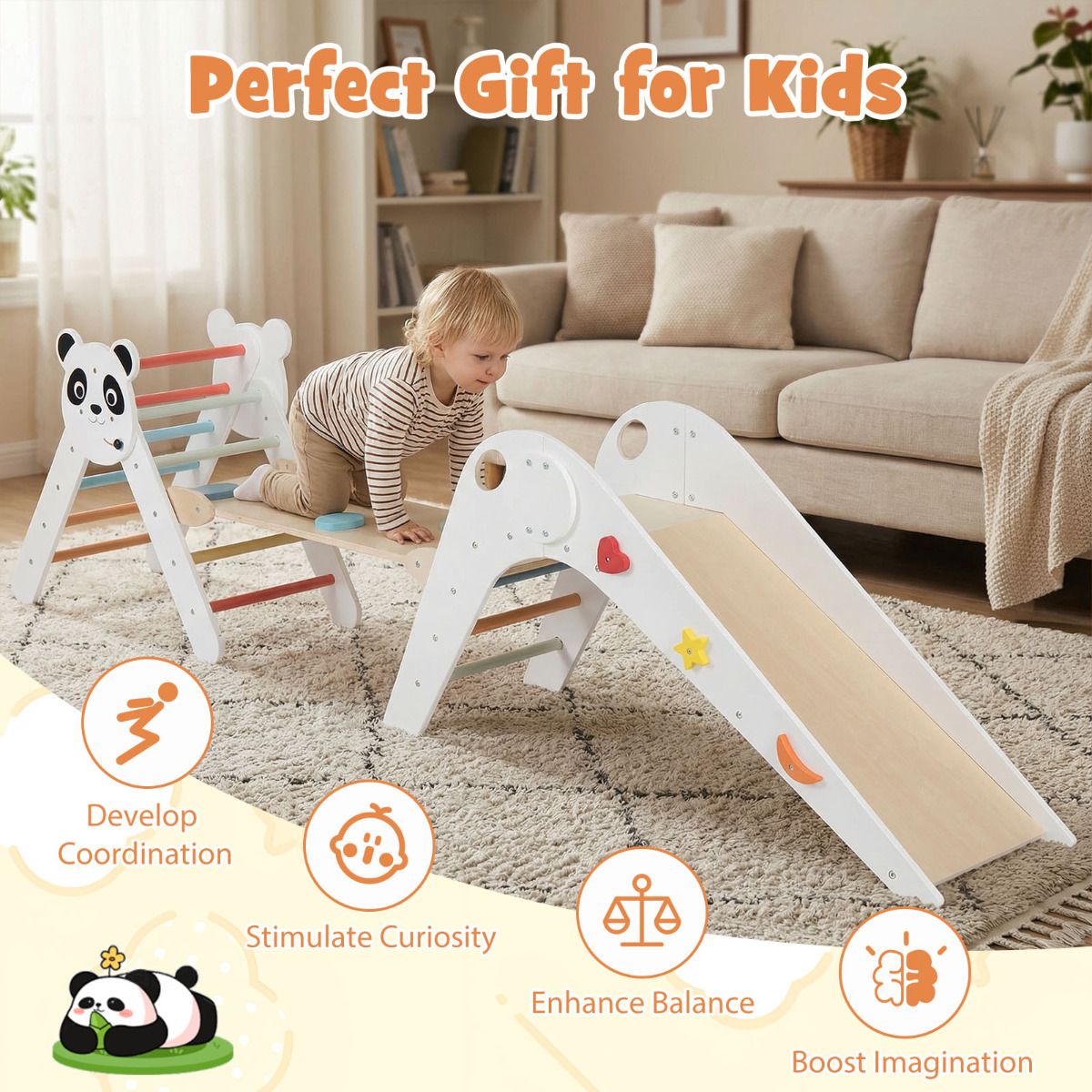 Foldable Beech Wood Triangle Climbing Set | Natural Panda Theme