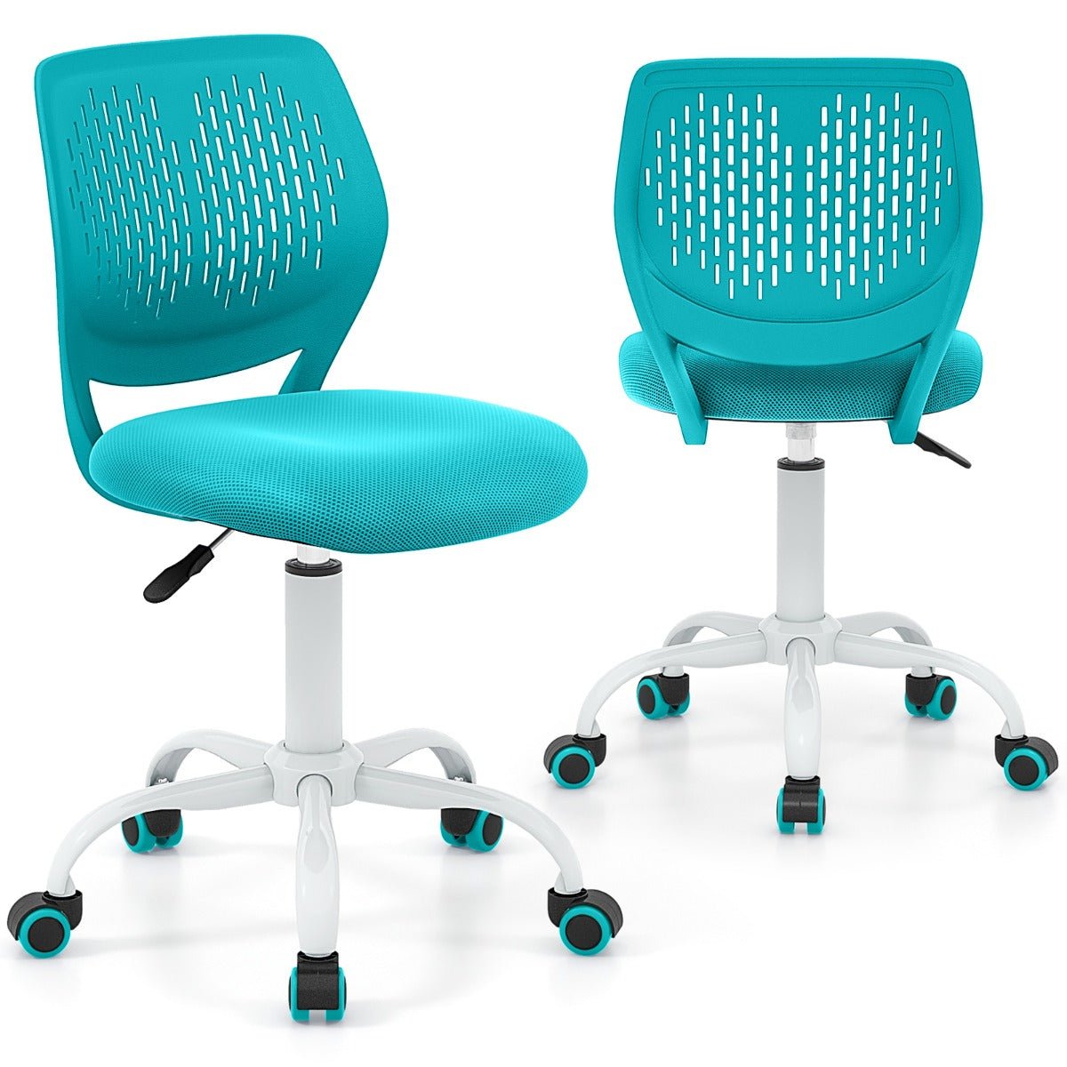 Adjustable turquoise kids desk chair promotes ergonomic study posture for home learning.