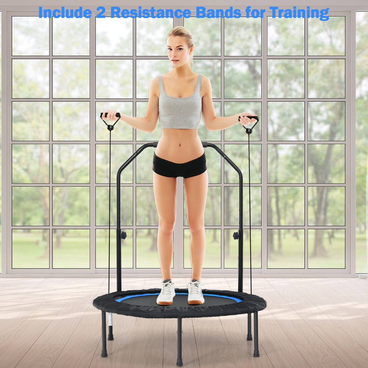 Foldable fitness trampoline with adjustable handrail for kids - perfect for home workouts. Foldable fitness trampoline with adjustable handrail for kids - perfect for home workouts.
