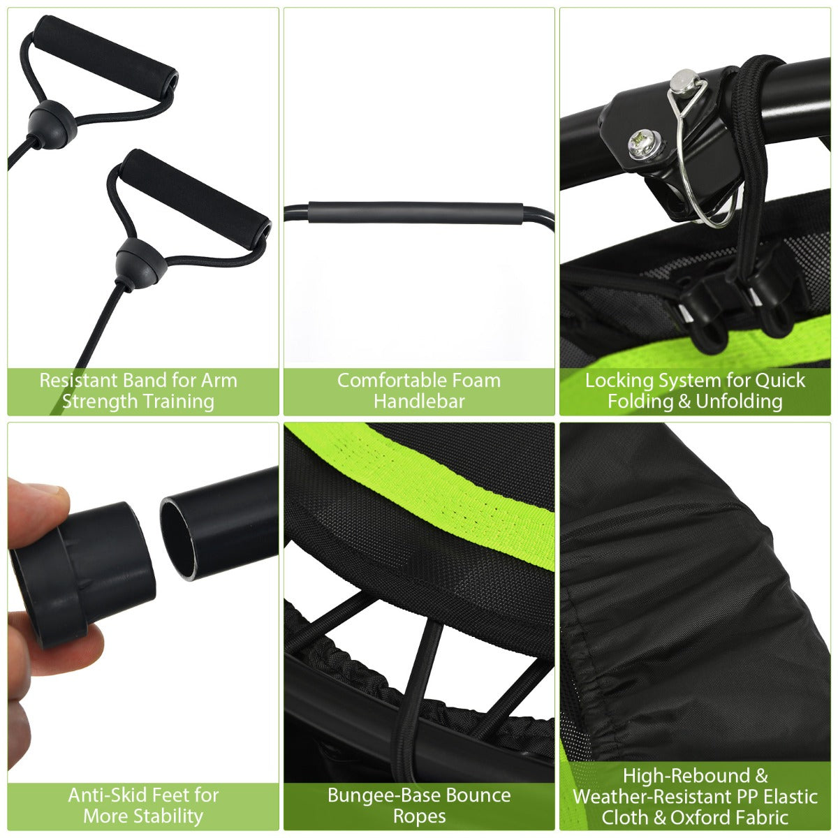 Foldable fitness trampoline with handrail and resistance bands for kids active play at home. Foldable fitness trampoline with handrail and resistance bands for kids active play at home.