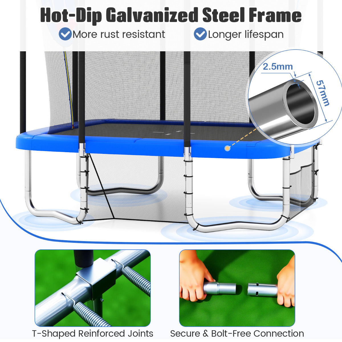 Rectangle 10x8ft Blue Trampoline | Basketball Hoop Soccer Goal
