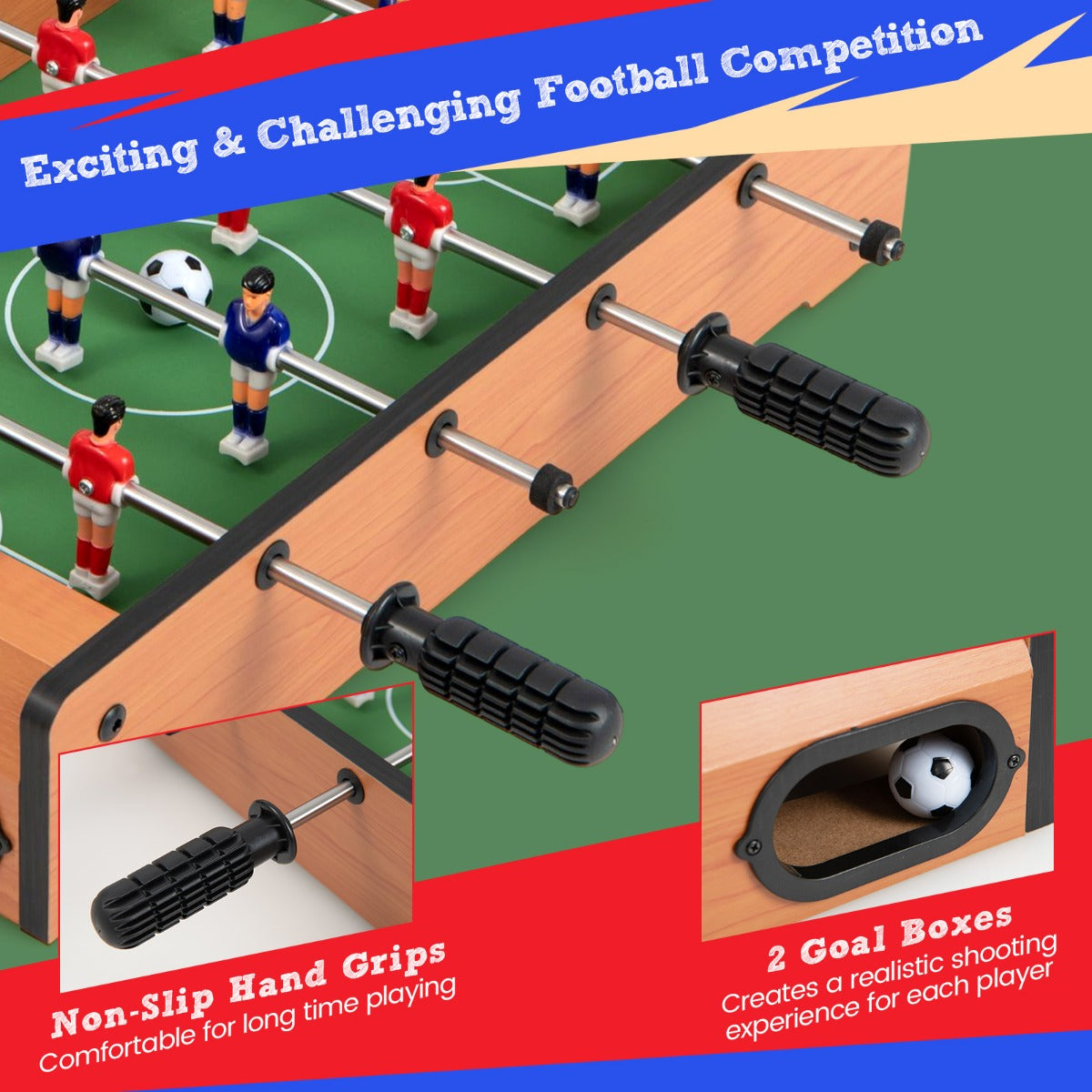 Portable foosball soccer game for kids, ideal for game rooms, 51cm tabletop size. Portable foosball soccer game for kids, ideal for game rooms, 51cm tabletop size.