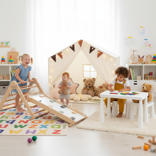 Kids Table Set, Climbing Triangle and Play Tent | White Beige
