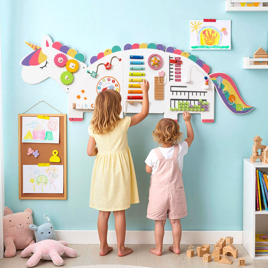 White Unicorn 11 in 1 Montessori Busy Board Wall Activity Panel