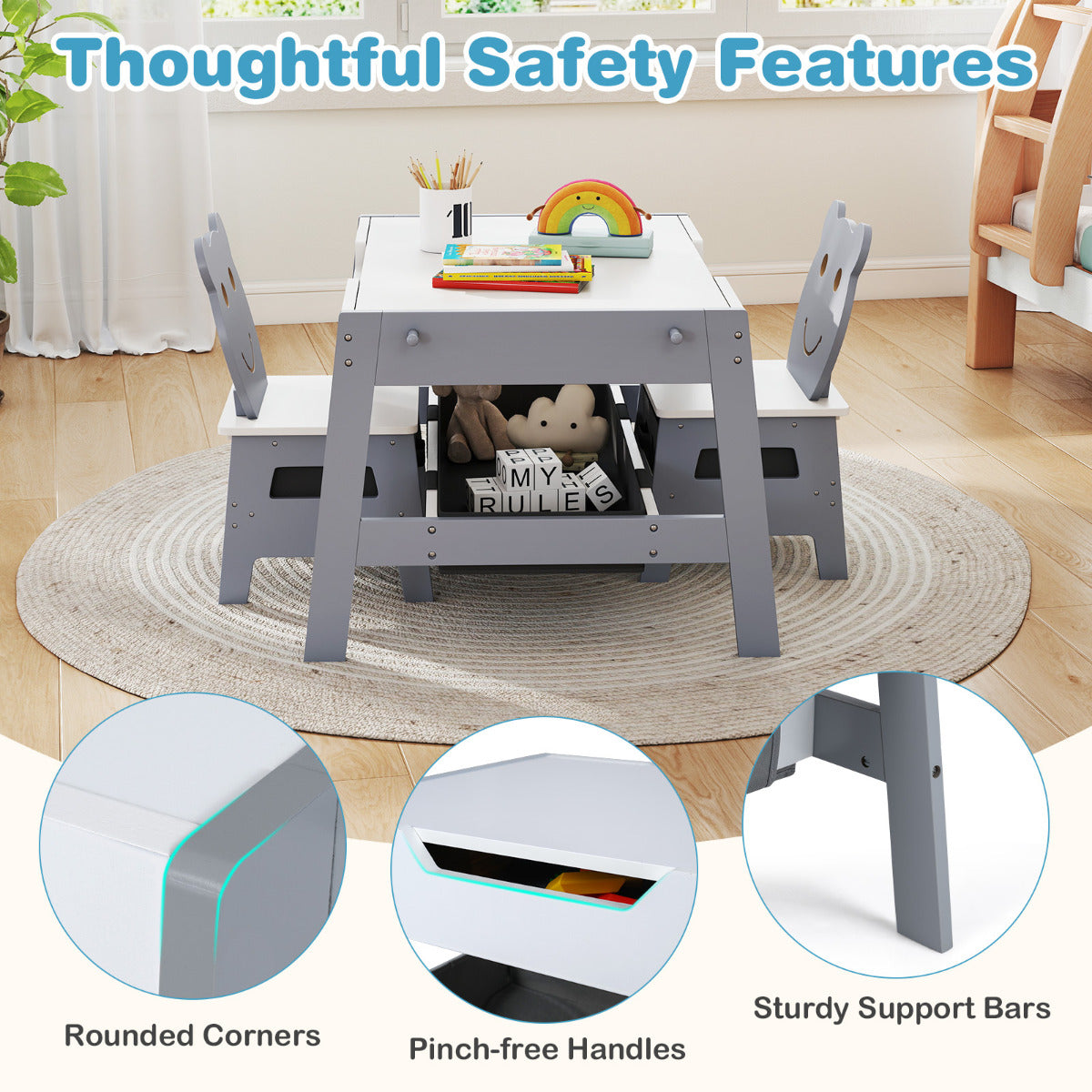 Grey Kids Table & 2 Chairs Set | Chalkboard Whiteboard Storage