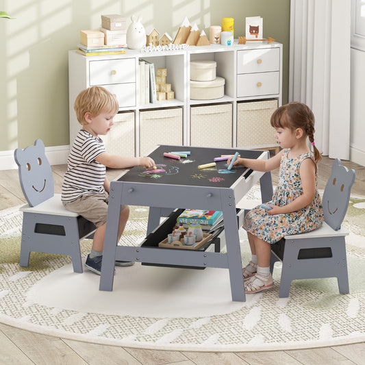 Grey Kids Table & 2 Chairs Set | Chalkboard Whiteboard Storage