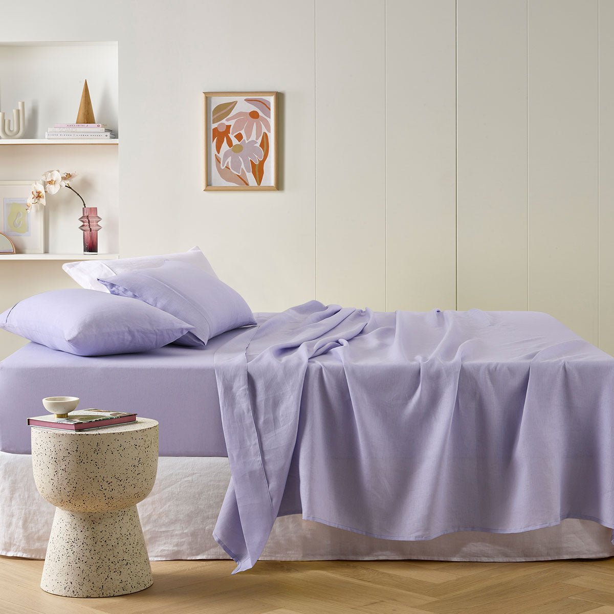 Soft lilac French linen sheet set for a cozy and stylish kids bedroom decor.