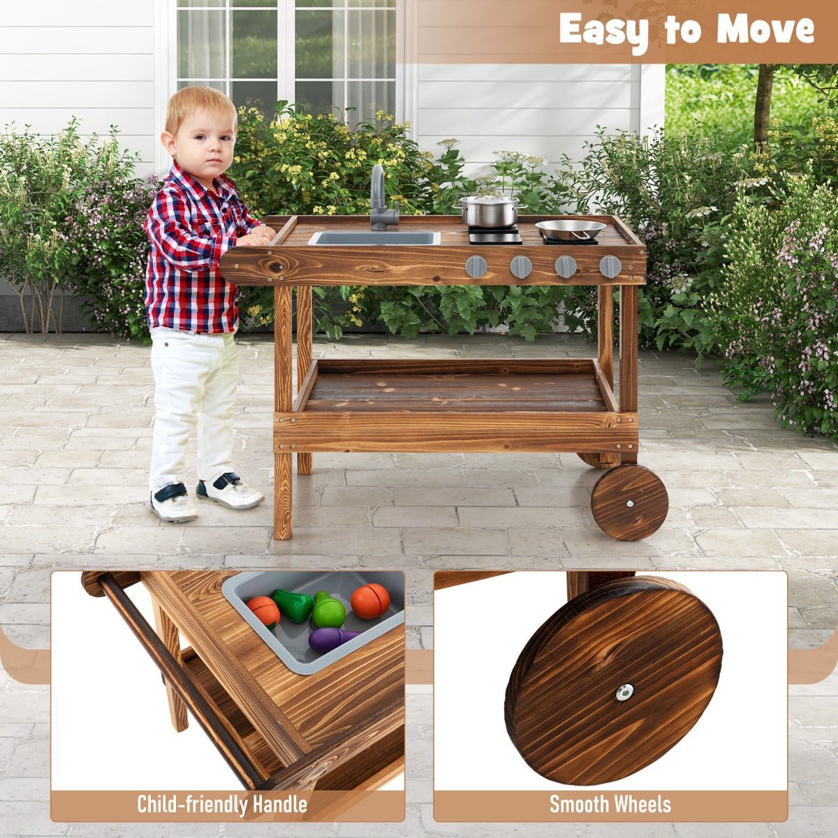 Kids wooden mud kitchen set with removable sink, perfect for outdoor fun and creativity.