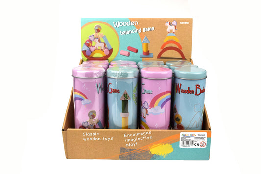 Wooden unicorn balancing blocks game in metal cylinder, perfect for fun and learning at home.