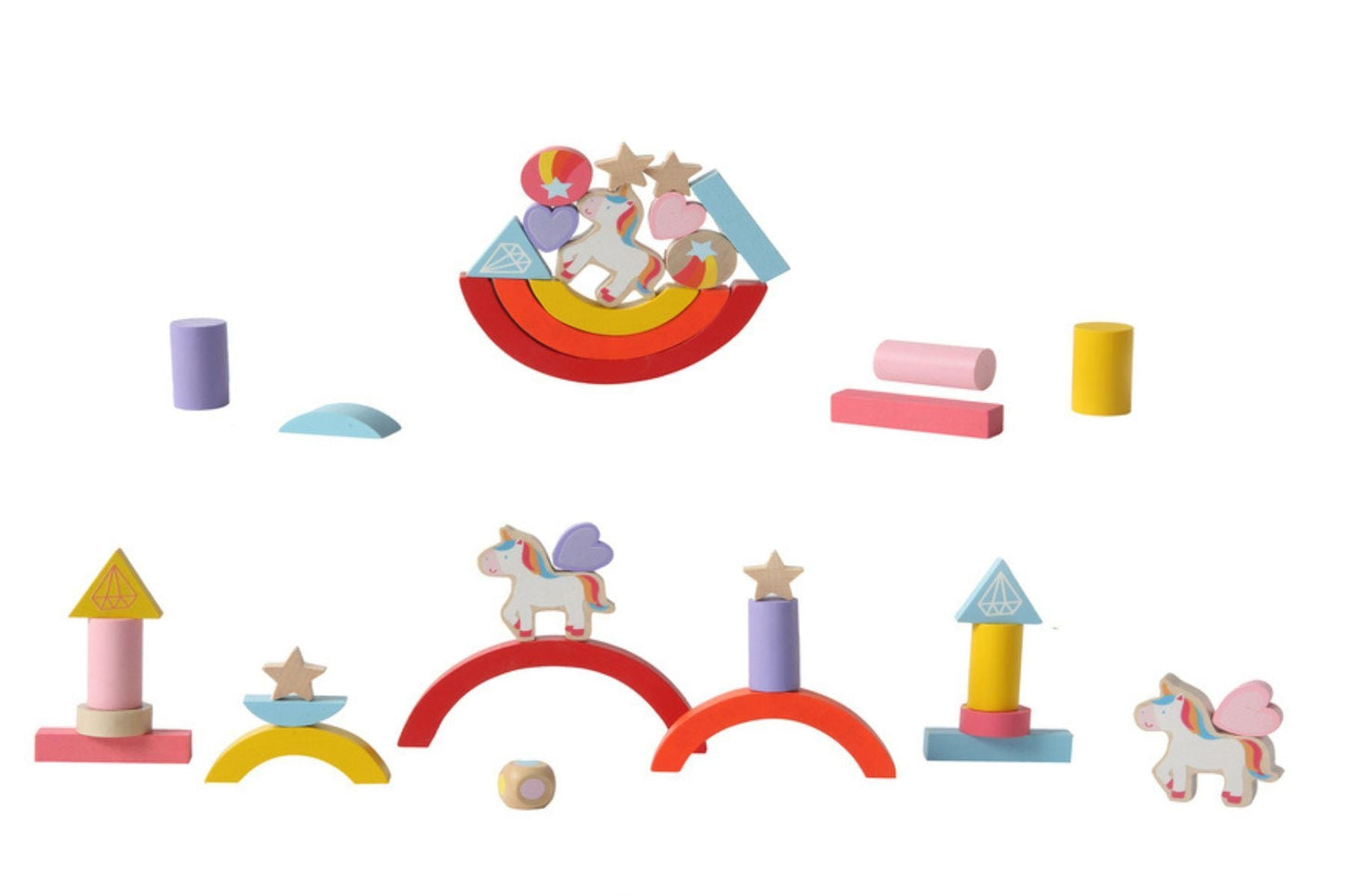 Wooden unicorn balancing game in metal cylinder for kids interactive play and motor skills.