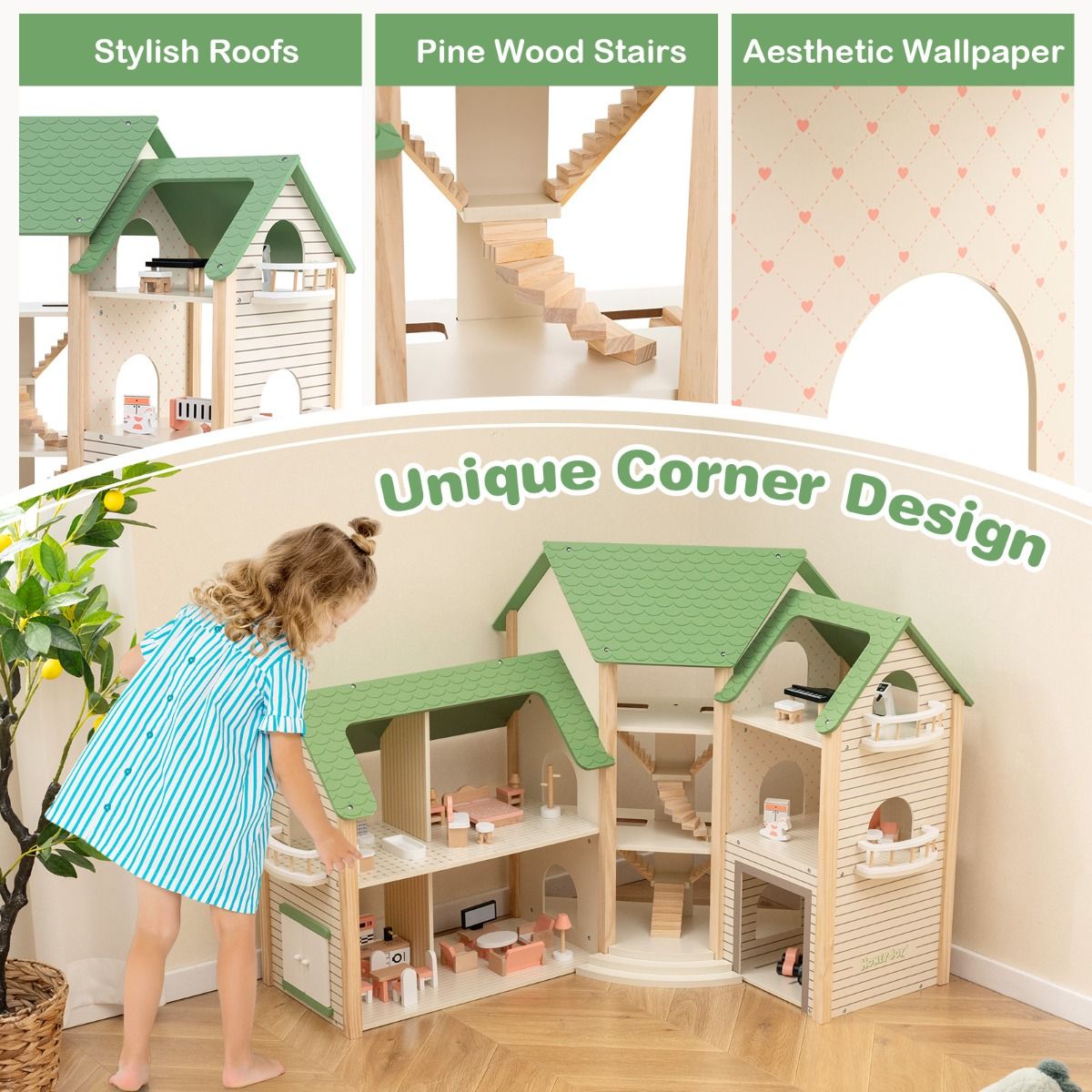 Wooden 3-Story Dollhouse | 34pc Furniture Set for 15cm Dolls Wooden 3-Story Dollhouse | 34pc Furniture Set for 15cm Dolls
