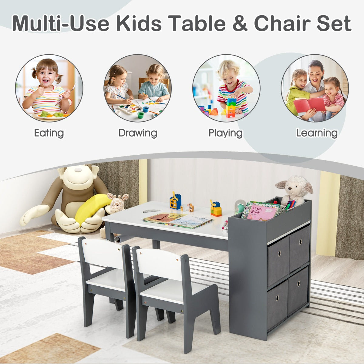 Wooden Kids Art Craft Table | Grey Set with Storage & Paper Roll