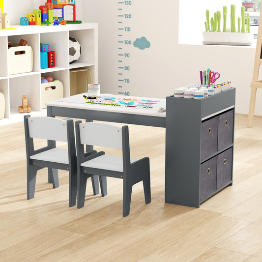 Costway Wooden Kids Art Craft Study Table and Chairs Set with Paper Roll-Grey