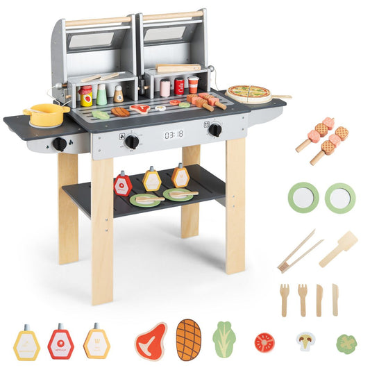 Grey Wooden BBQ Grill Playset | Kids Toy with Tools & Food