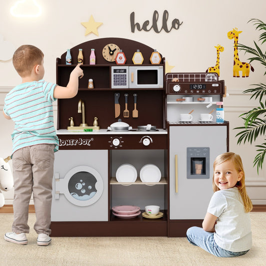 Wooden Kitchen Playset | Brown Interactive Toy with Coffee Maker
