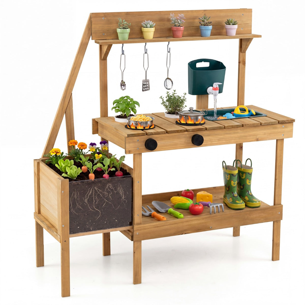 Costway Wooden Play Kitchen for Toddlers with Planter Box and Sink for Ages 3+-Natural
