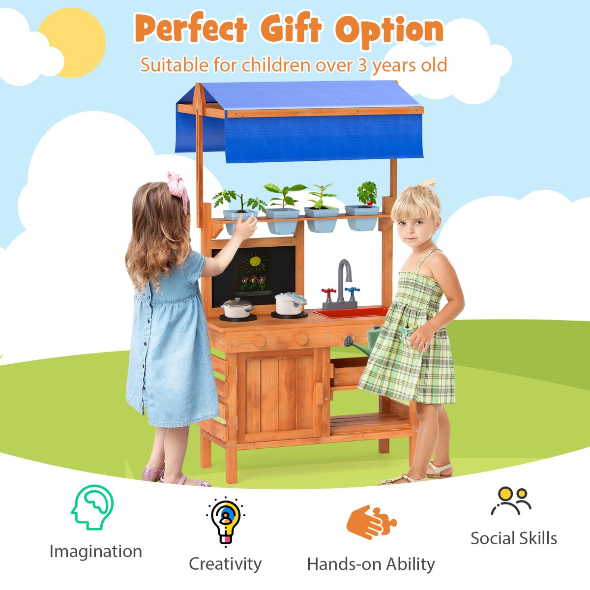 Wooden Pretend Play Kitchen | Adjustable Canopy, Natural Color