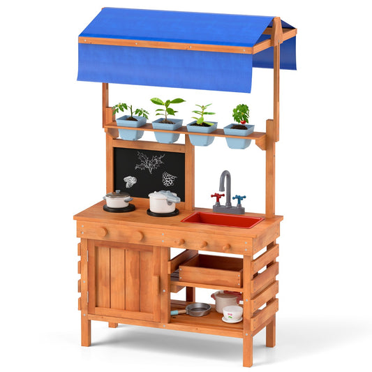 Wooden Pretend Play Kitchen | Adjustable Canopy, Natural Color