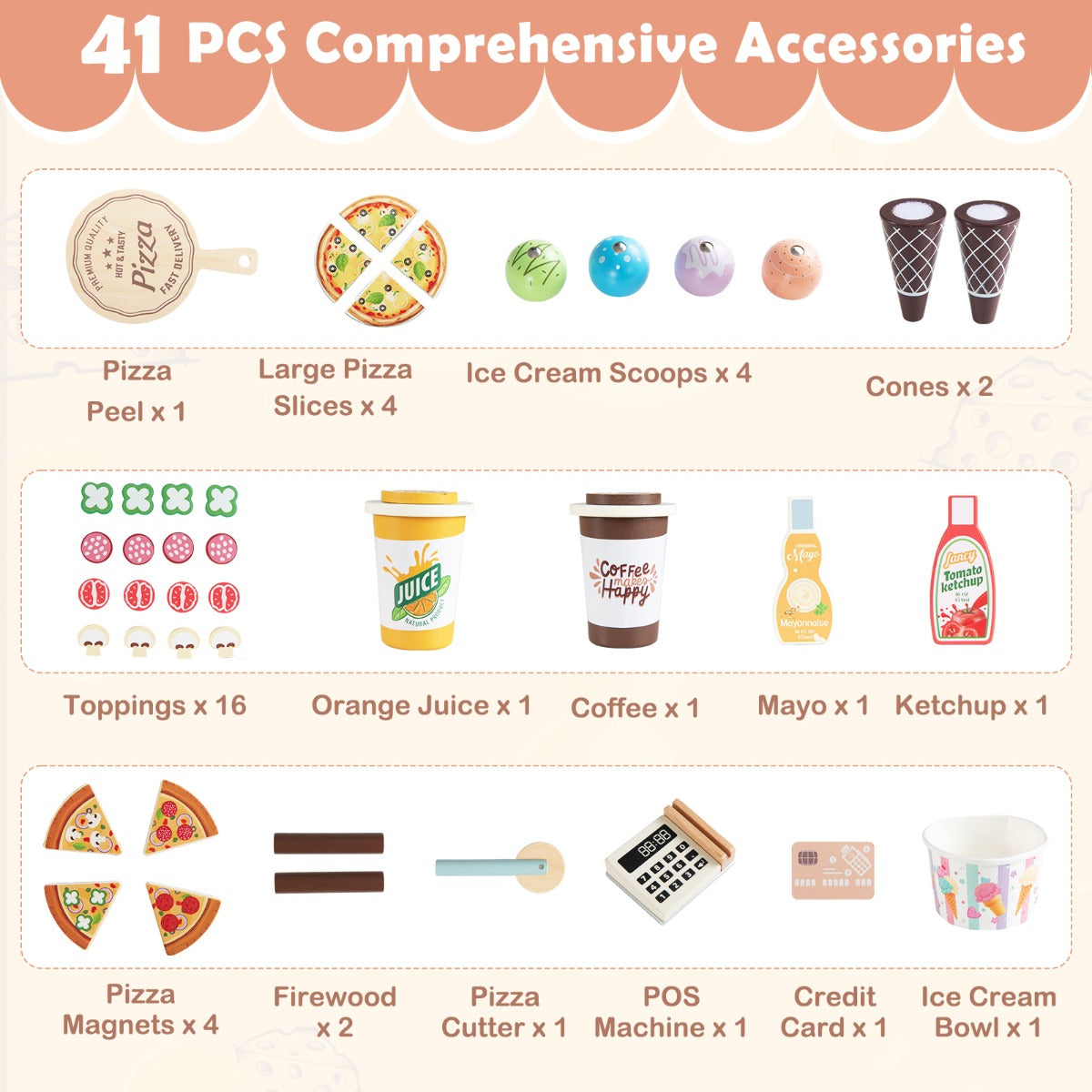 Pink Wooden Pizza & Ice Cream Cart | 41 Pieces | Wheels