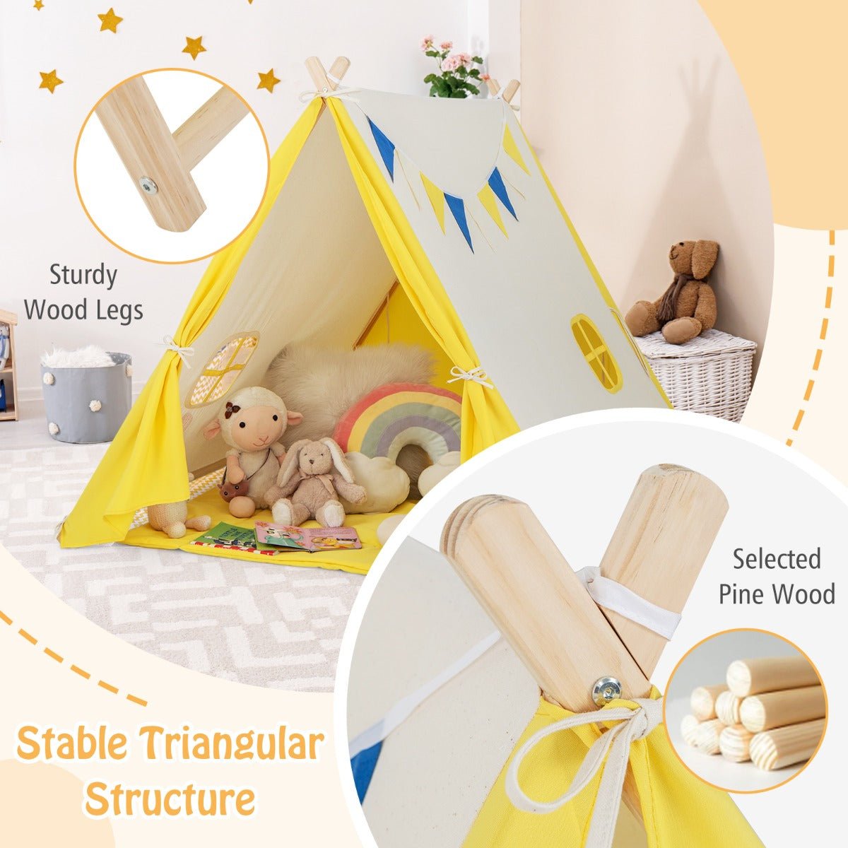 Yellow triangular kids play tent with sturdy wood frame for indoor and outdoor play.