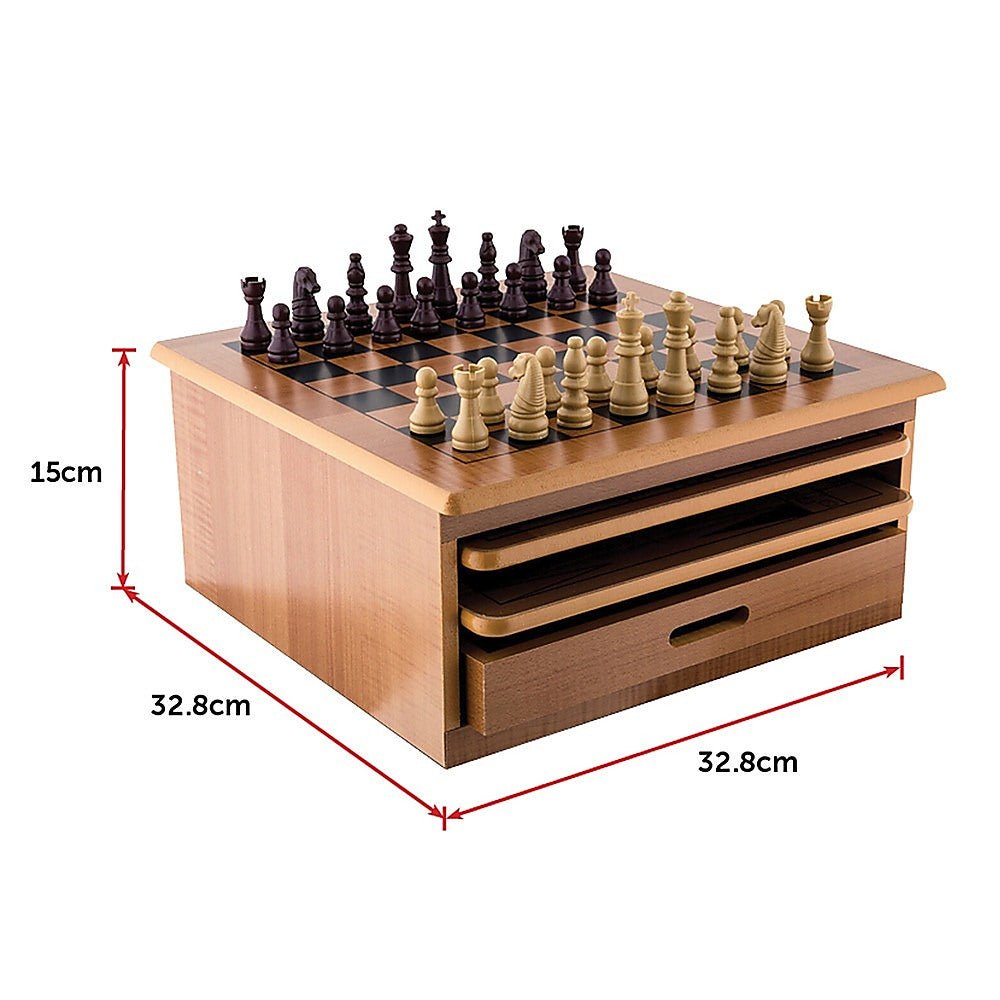 Wooden 10-in-1 chess board set with slide-out checkers ideal for childrens home play. Wooden 10-in-1 chess board set with slide-out checkers ideal for childrens home play.