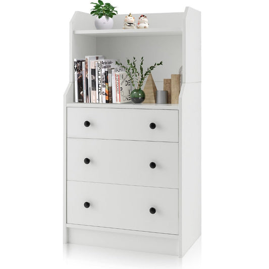 Kids 3-drawer dresser with open shelves for versatile storage in playful bedroom decor.