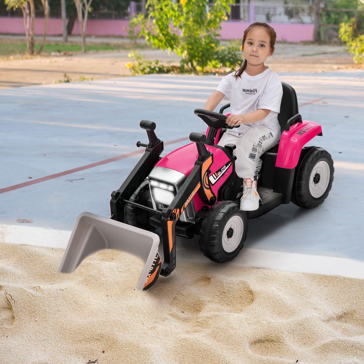 Building Imagination: 12V Kids Excavator Ride On, Adjustable Arm, Pink Building Imagination: 12V Kids Excavator Ride On, Adjustable Arm, Pink