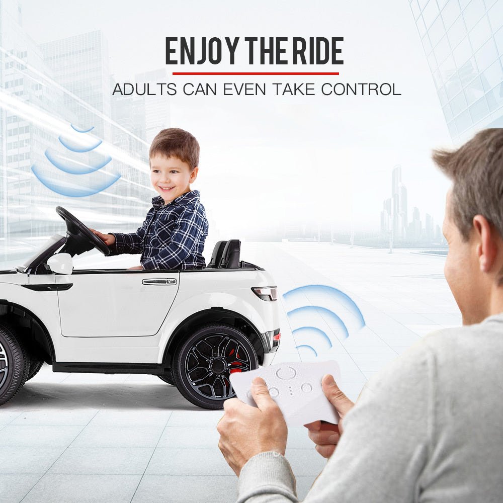 White 12V electric ride-on car for kids, with remote control, ideal for home fun. White 12V electric ride-on car for kids, with remote control, ideal for home fun.