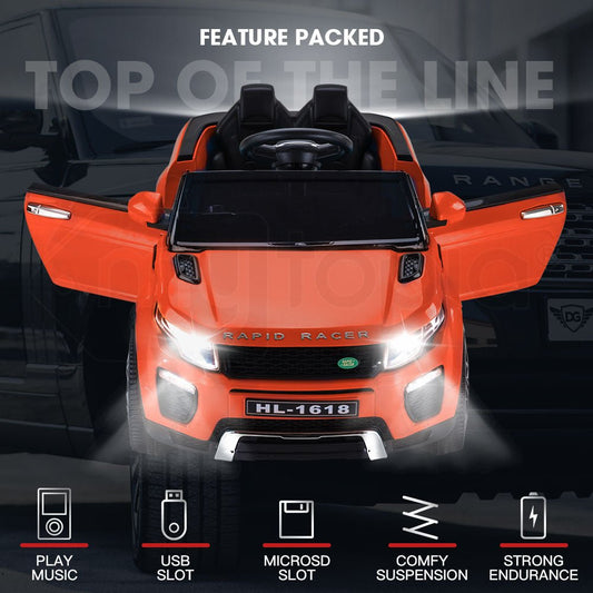12V orange electric ride-on car for kids, featuring ultimate ride experience at home.