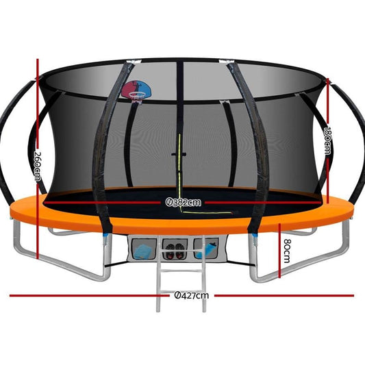 14FT trampoline with basketball hoop in vibrant orange, perfect for active kids play.