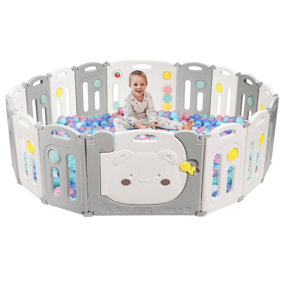 16-Panel Foldable Baby Playpen with Safety Lock and Non-slip Foot Mats