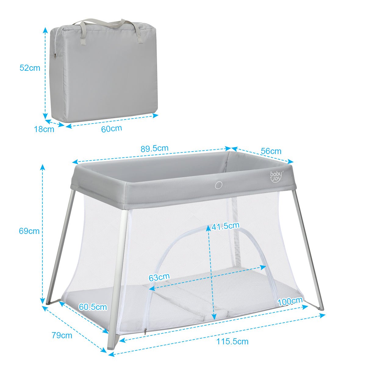 Stylish Silver Baby Travel Crib with Easy Carry Bag