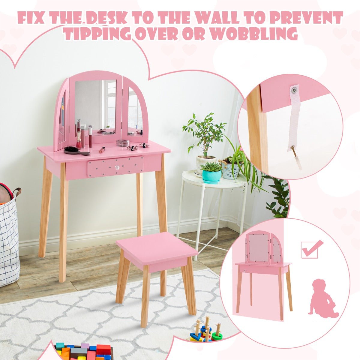 Kid's Vanity Set with Tri-folding Mirror - Create and Shine in Pink