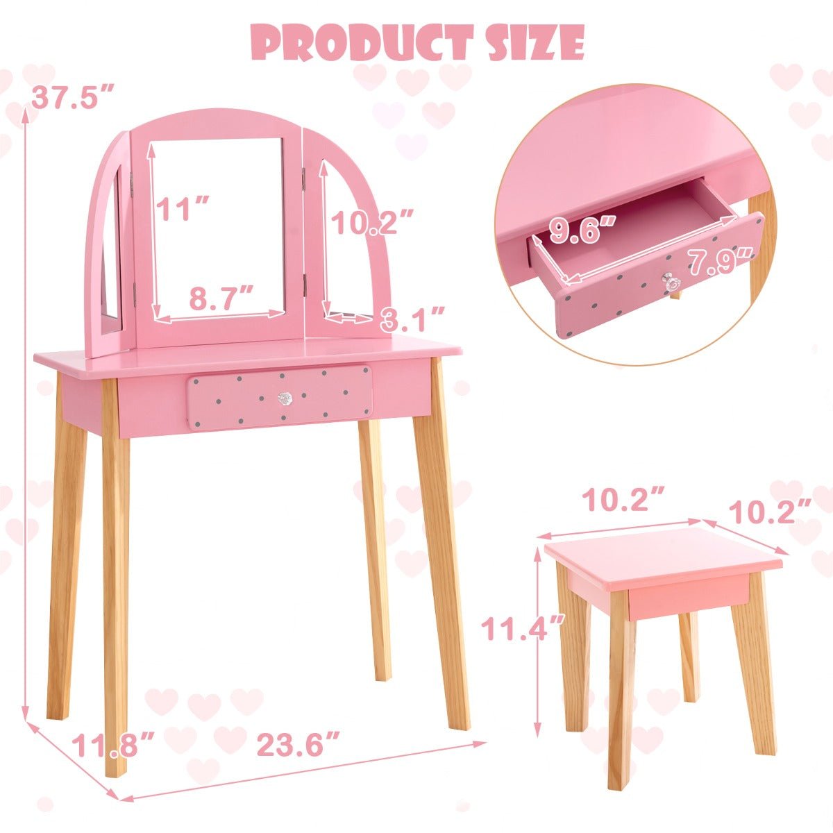 Kid's Vanity Set with Tri-folding Mirror - Pink Elegance and Playfulness