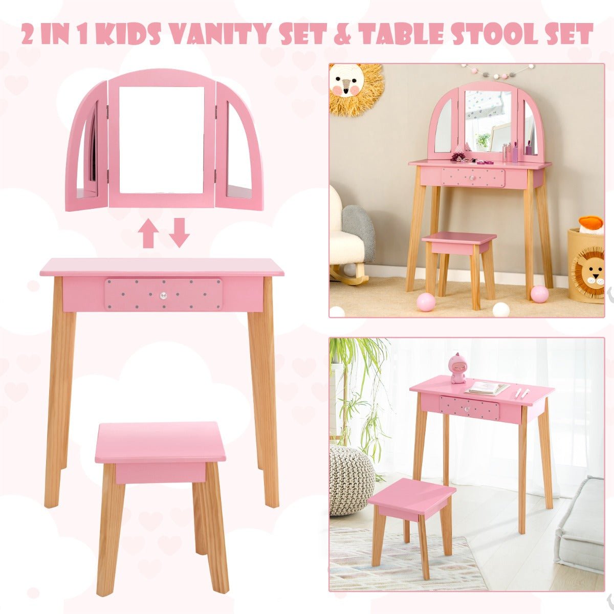 2-in-1 Vanity Set for Girls - Tri-fold Mirror Magic in Pink