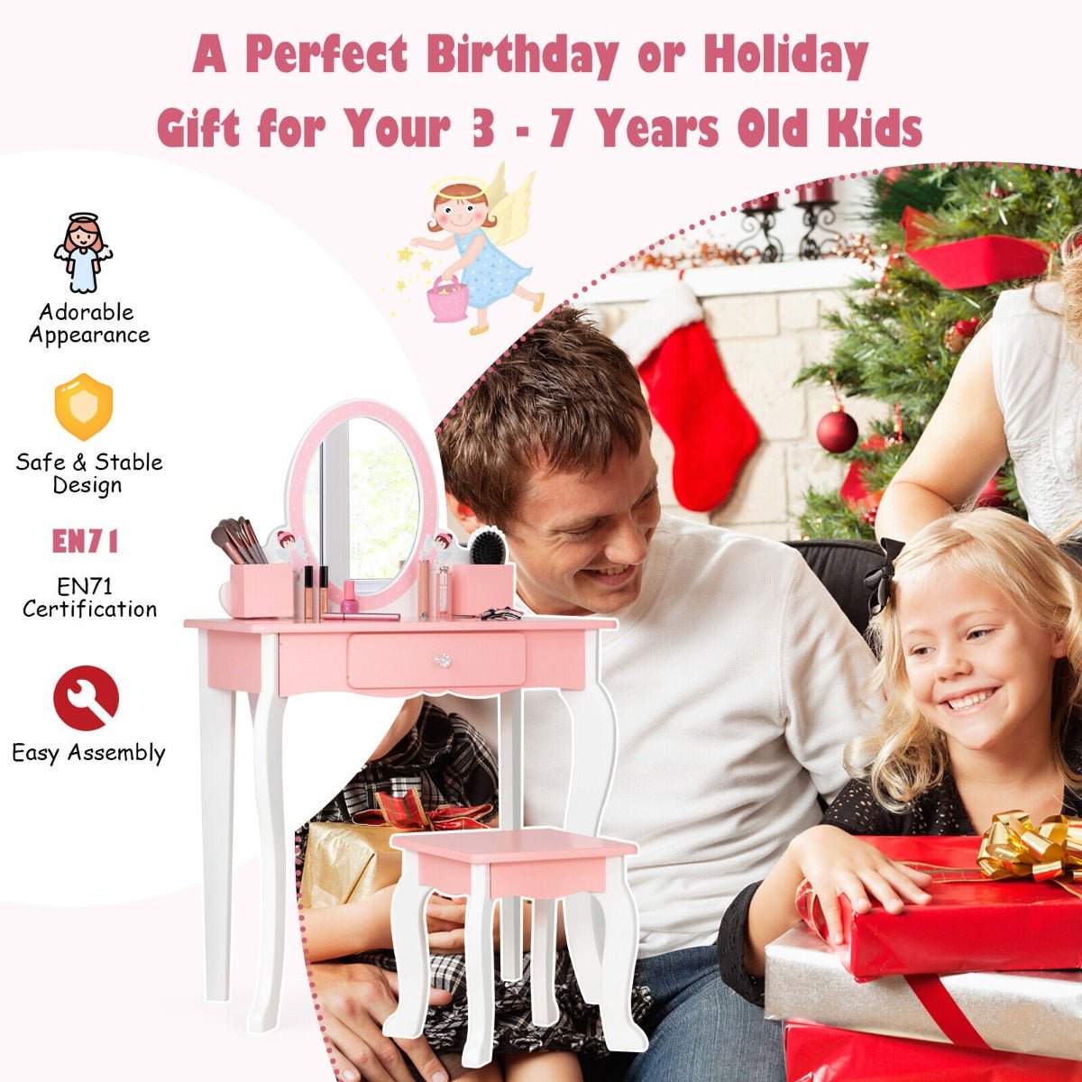 Kid-Sized Vanity Table in Pink with Mirror Kid-Sized Vanity Table in Pink with Mirror