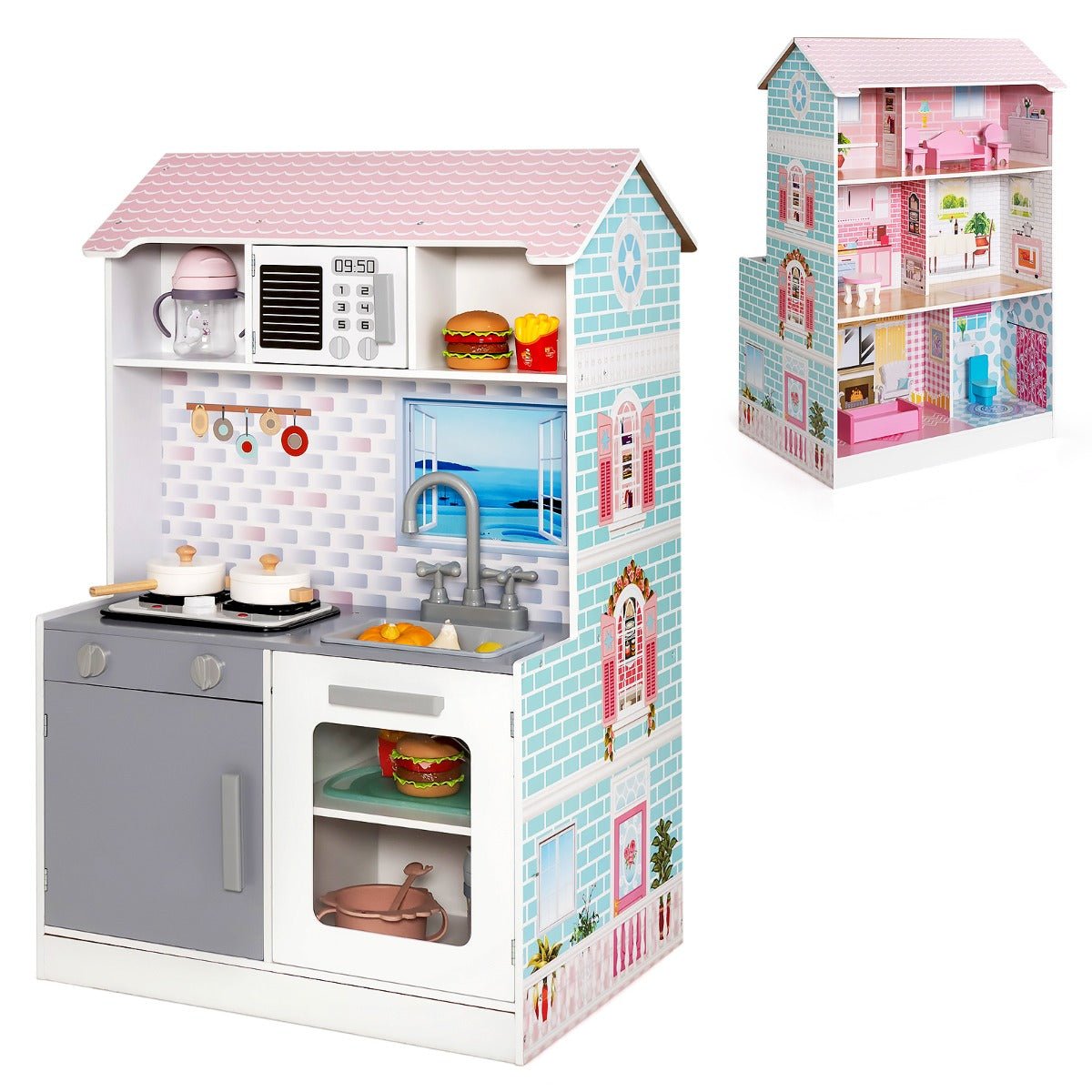 Doll House and Play Kitchen Combo: 2 in 1 Wooden Set with Accessories