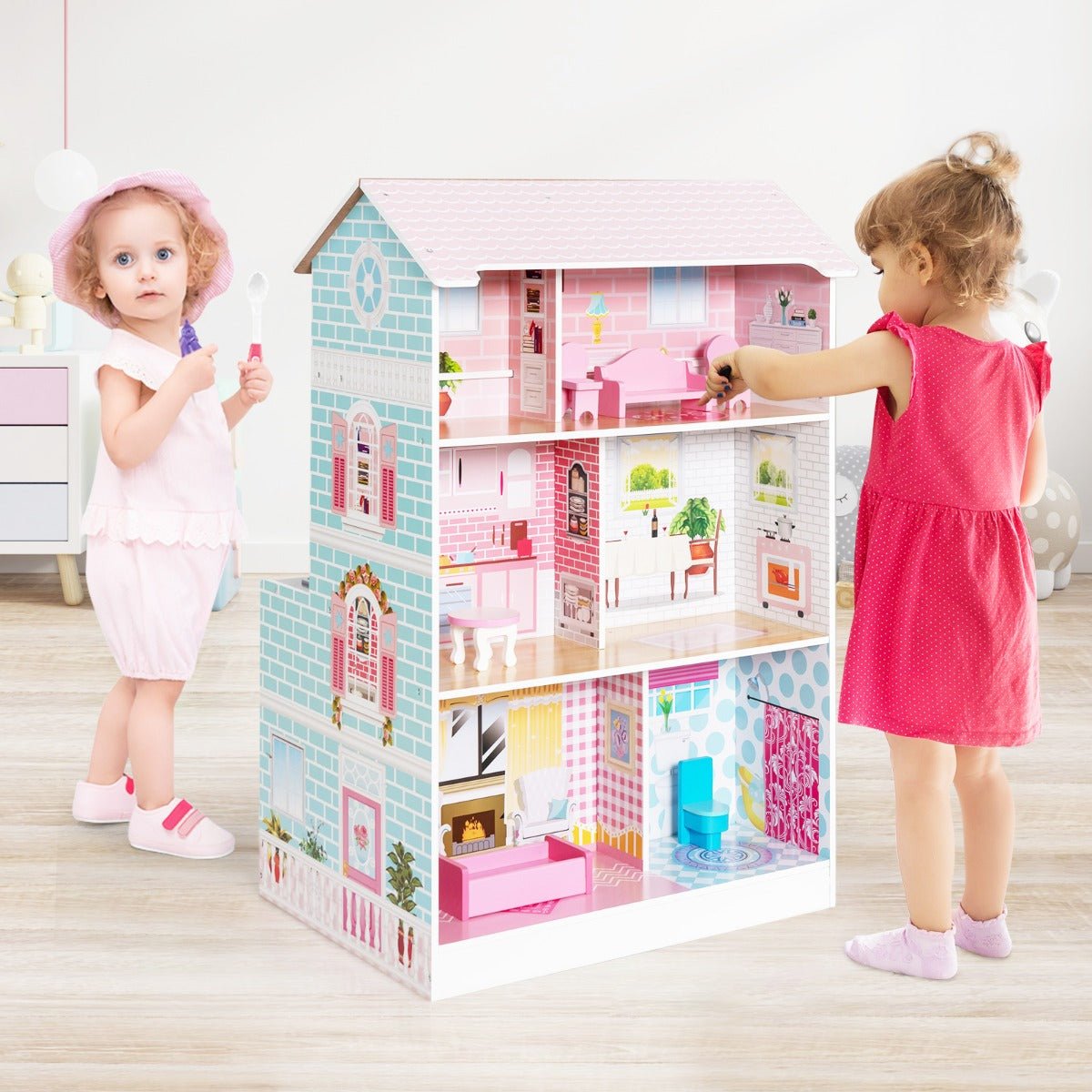 Whimsical Wooden Doll House and Play Kitchen: 2 in 1 Set with Accessories
