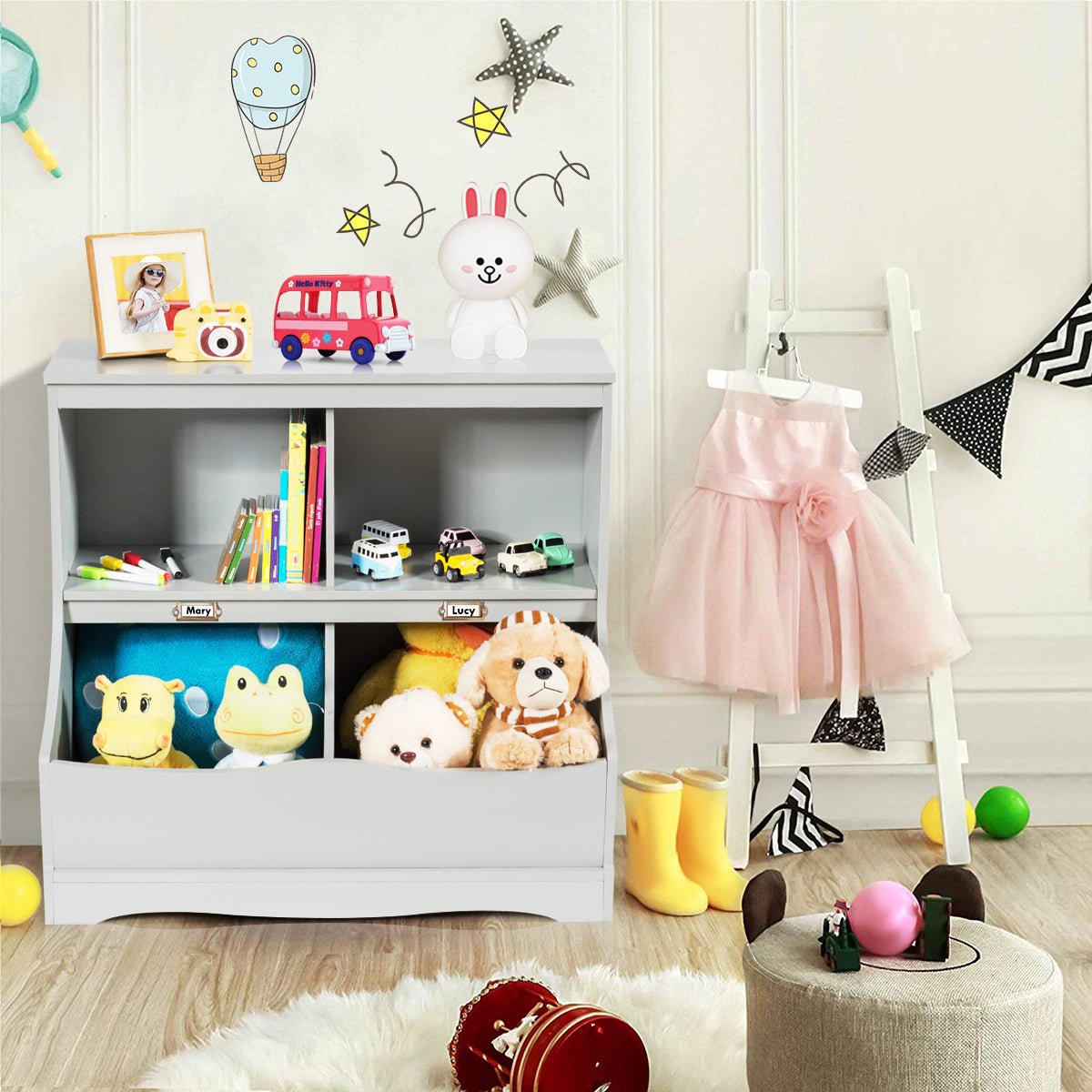 Organize with Grey - 2 Tier Toy Shelf and Lacquered Surface