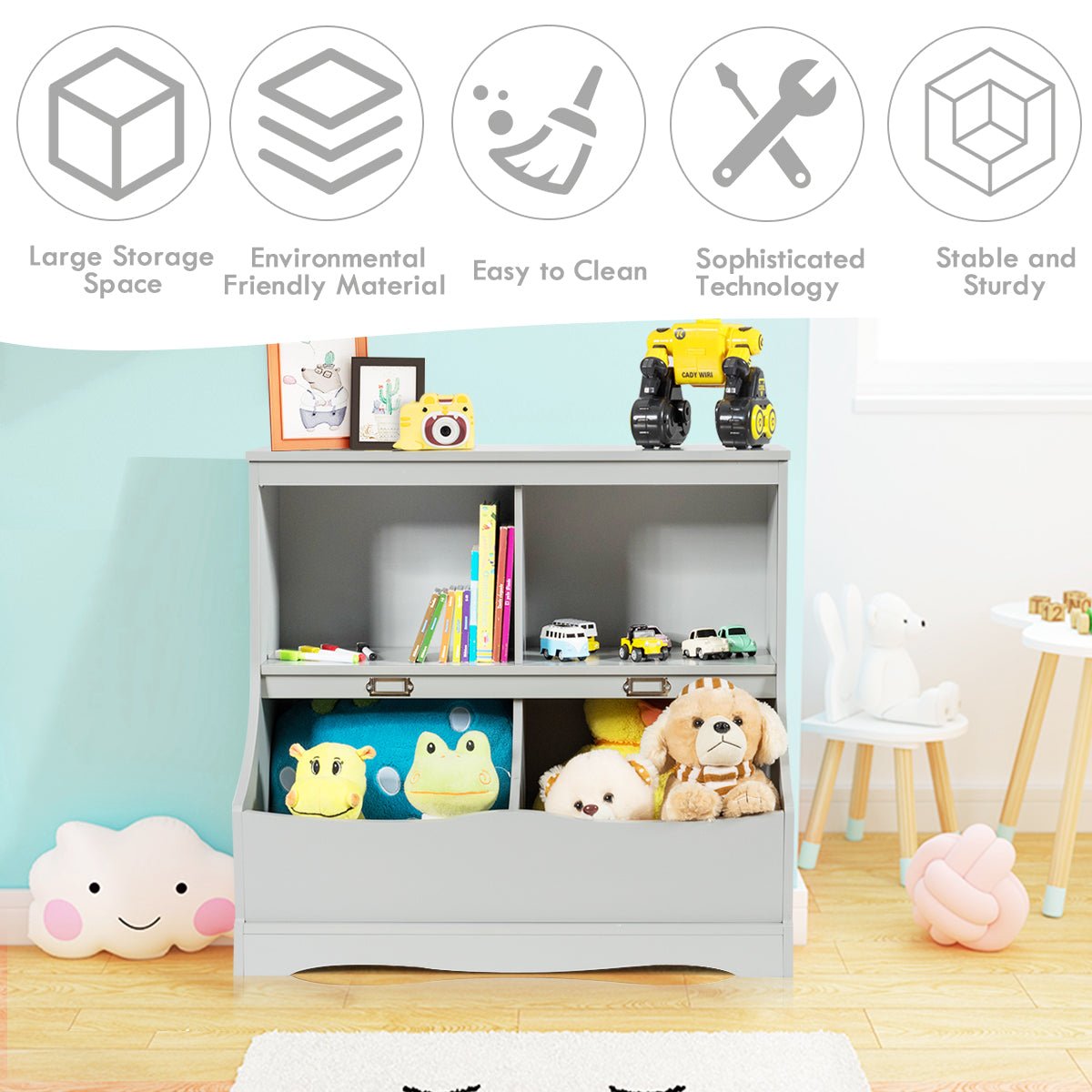 Stylish Storage Solution - 2 Tier Grey Toy Shelf with Lacquered Finish