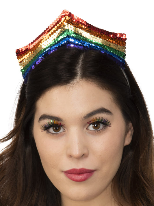 Colorful sequin tiara with rainbow design, perfect for kids dress-up play at home.