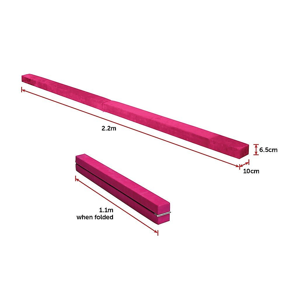 Foldable pink balance beam for home gymnastics, 2.2m length, ideal for childrens practice.