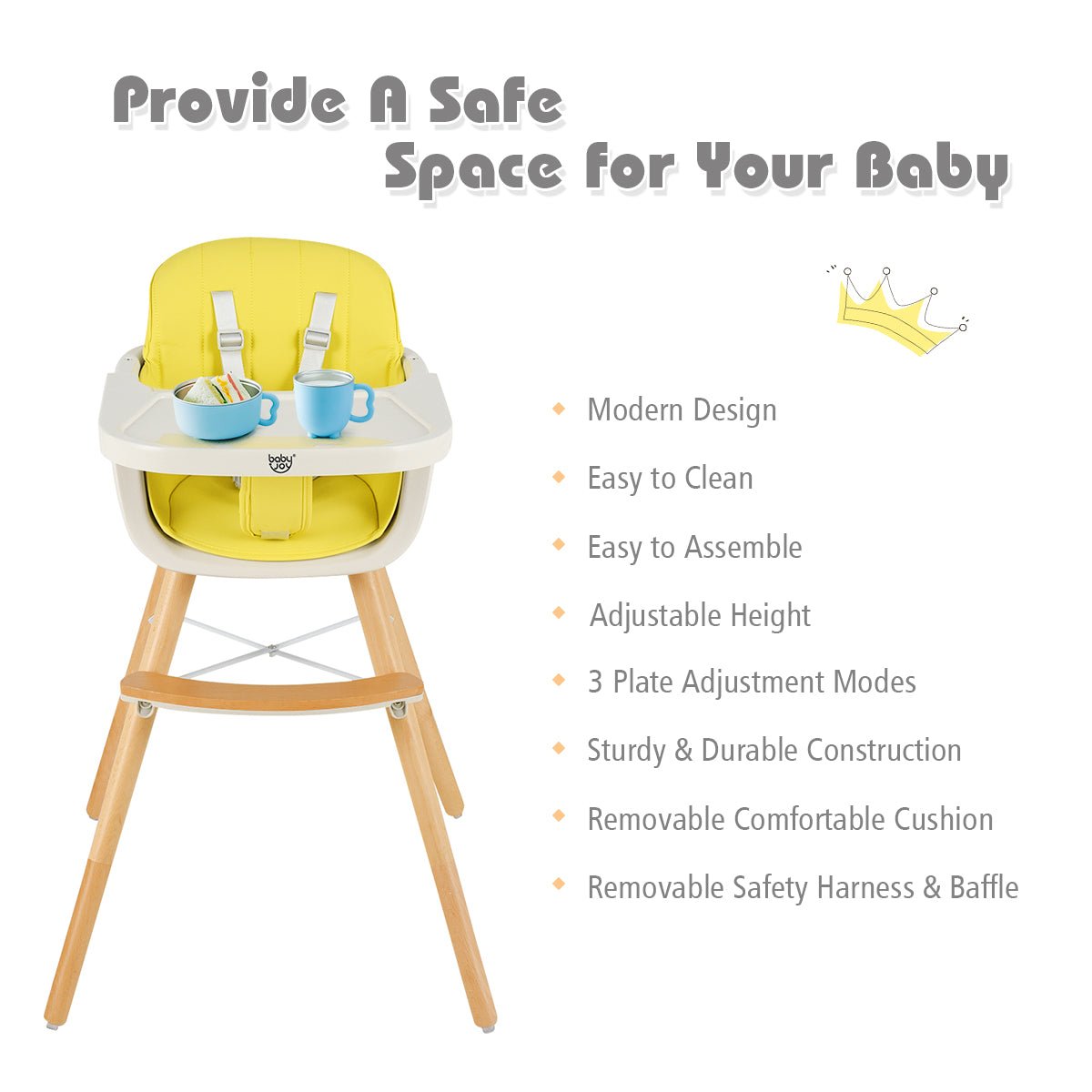 Get 3-in-1 Baby High Chair - Adjustable Legs and Tray - Yellow