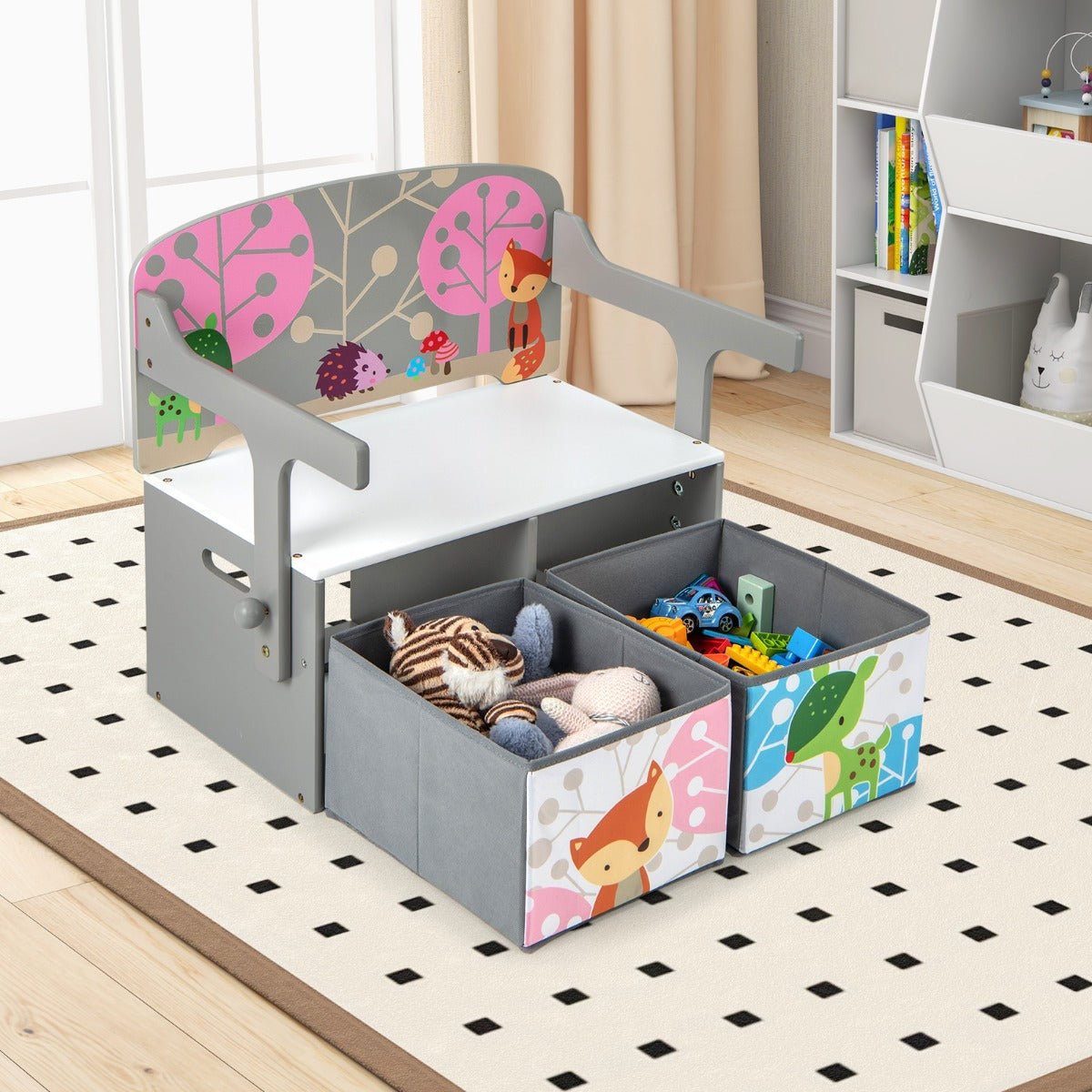 Grey storage bench enhances kids play and learning - 3-in-1 versatility for home fun. Grey storage bench enhances kids play and learning - 3-in-1 versatility for home fun.