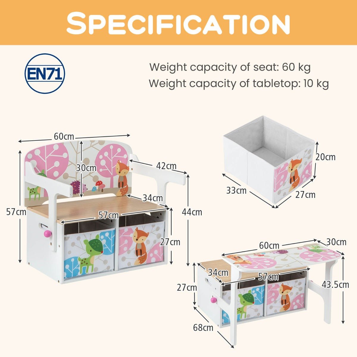 3-in-1 Convertible Storage Bench Table for Kids - Kids Mega Mart