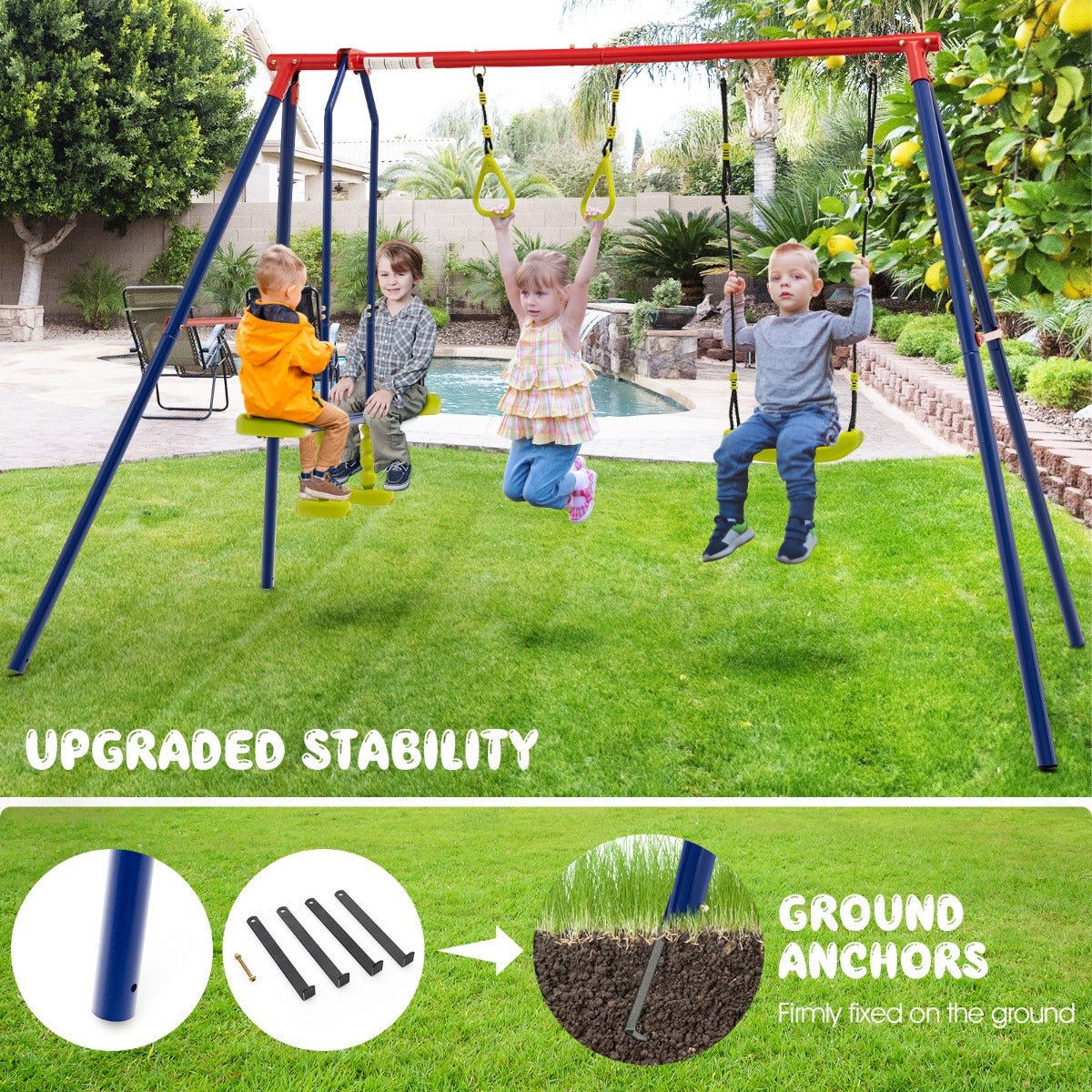 Swing Set with Ground Stakes: 3-in-1 Outdoor Play for Kids