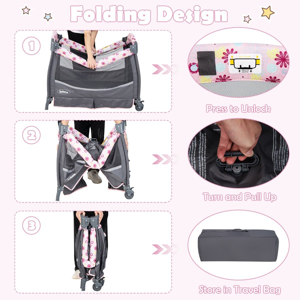 Portable Baby Cot - 3 in 1 Design with Hanging Toys & Music Center